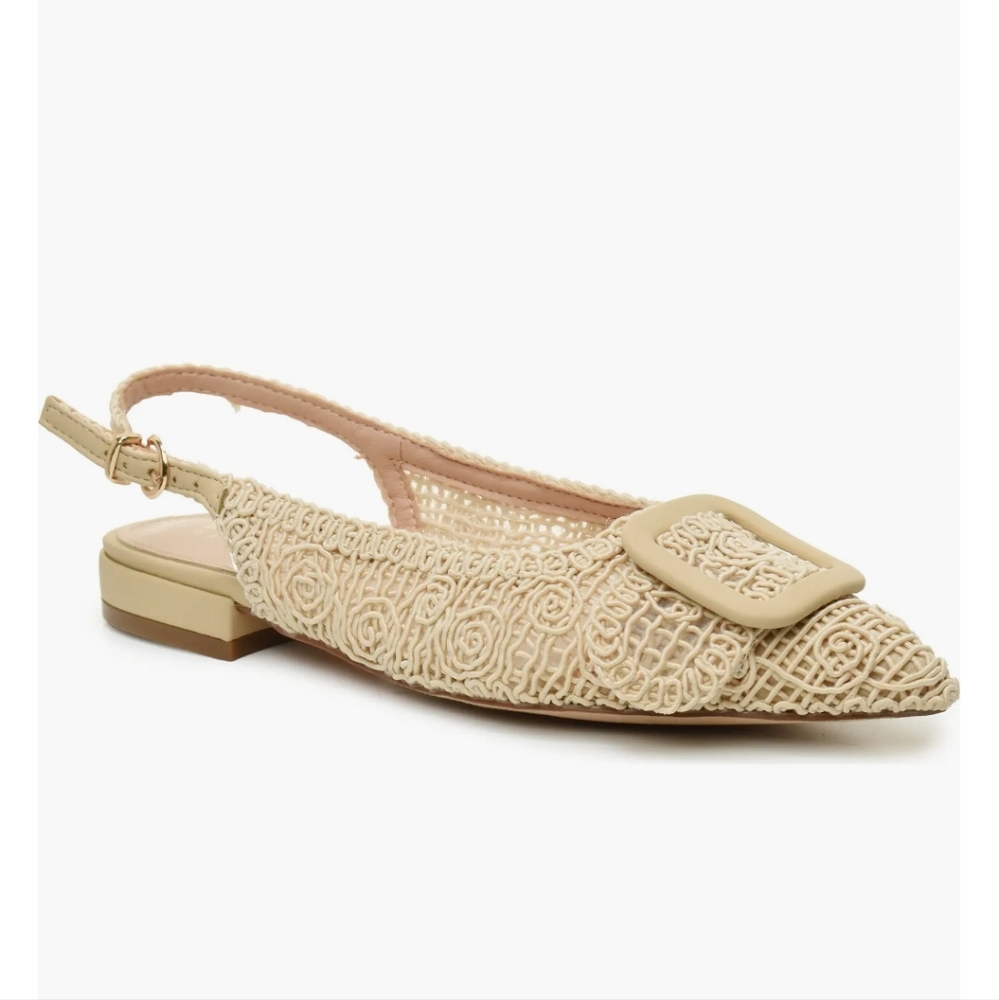 Embroidered Cream Slingback Flats, Sz 7.5 New With Tag.